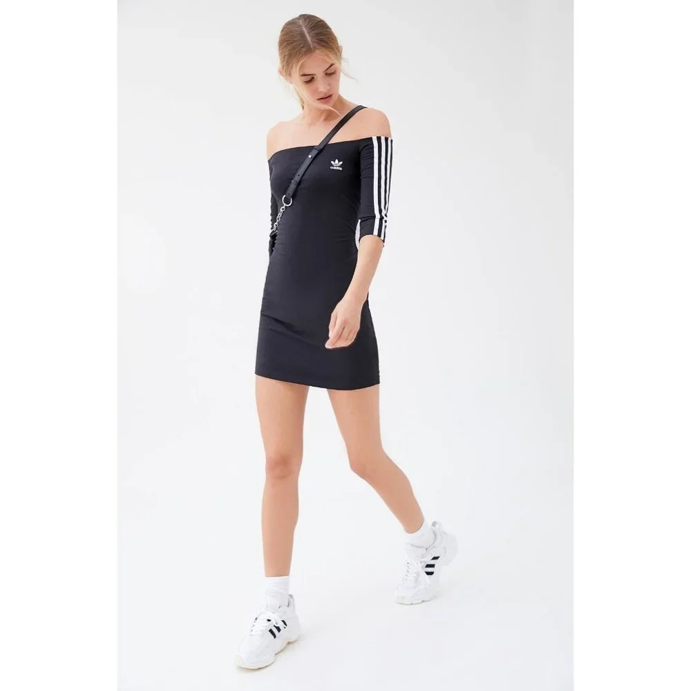 Adidas 3-Stripes Off-The-Shoulder Mini Dress in Black Size XS